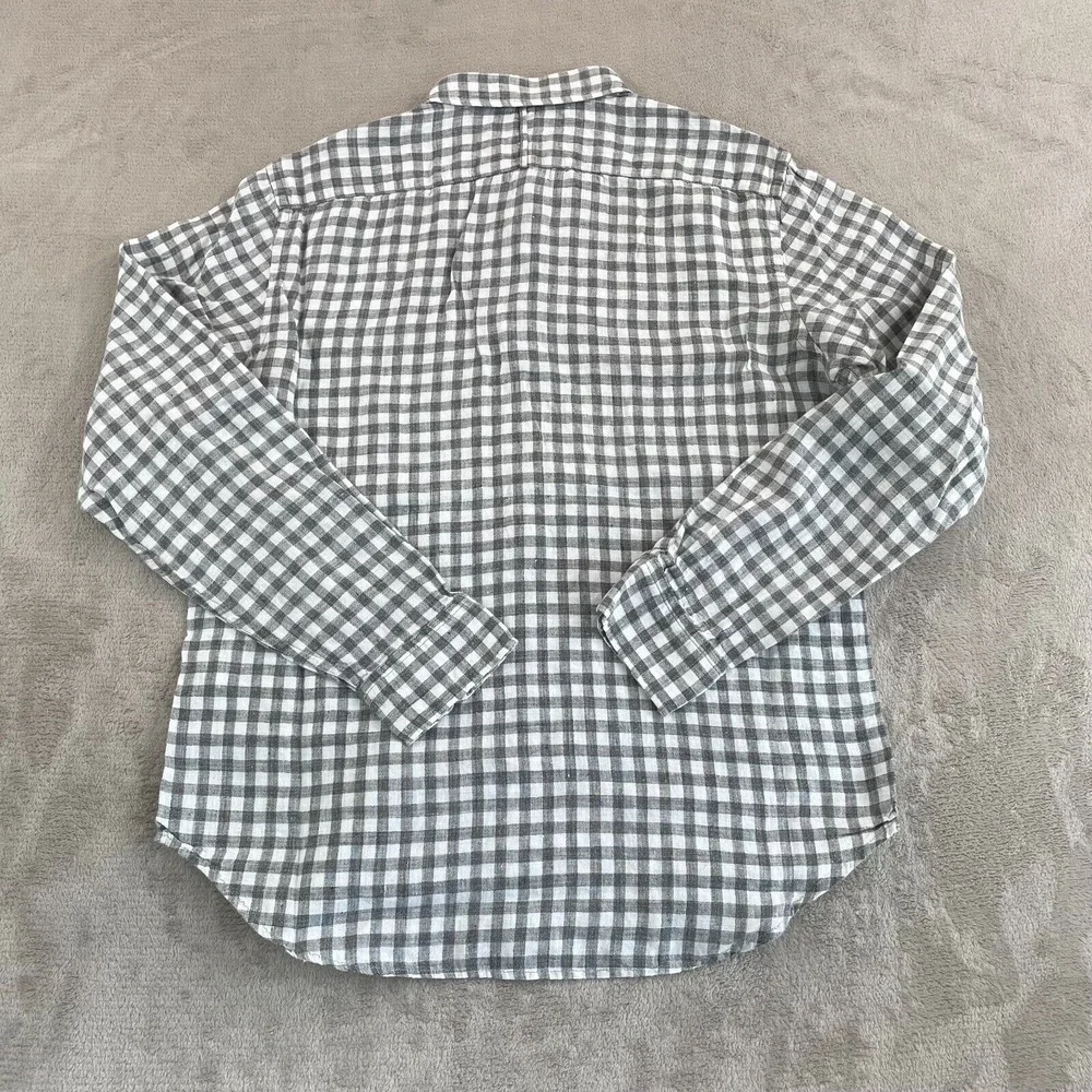 Banana Republic Shirt Men Medium Grey Check 100% Linen Camden‎ Fit Preppy LS